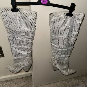 White Crystal-Embellished Knee-High Women's Boots